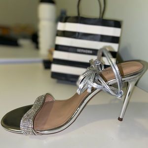 Silver laced up/strapped stiletto heeled sandals